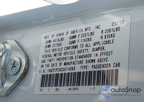 2012 Honda Accord 3.5 Ex-L из США, поврежденный, VIN 1HGCP3F89CA014986